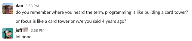 Asking for a source on card tower analogy