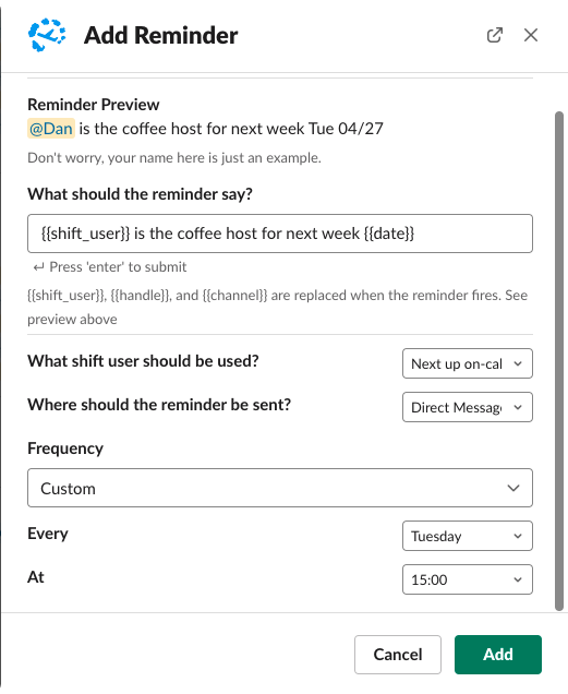 Custom reminder menu