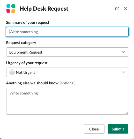 Slack helpdesk shortcut form