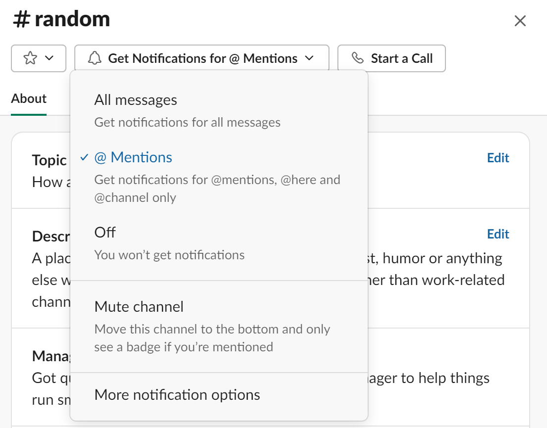Setting Slack notification settings to only mentions