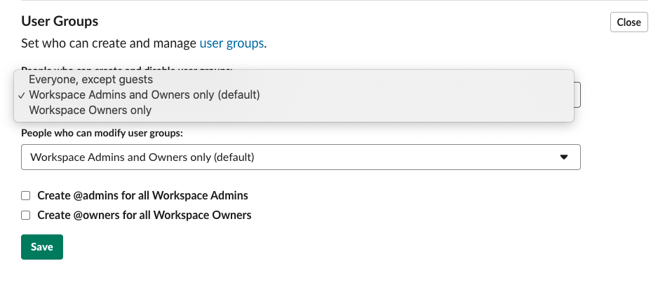 Adjusting Slack user group permissions