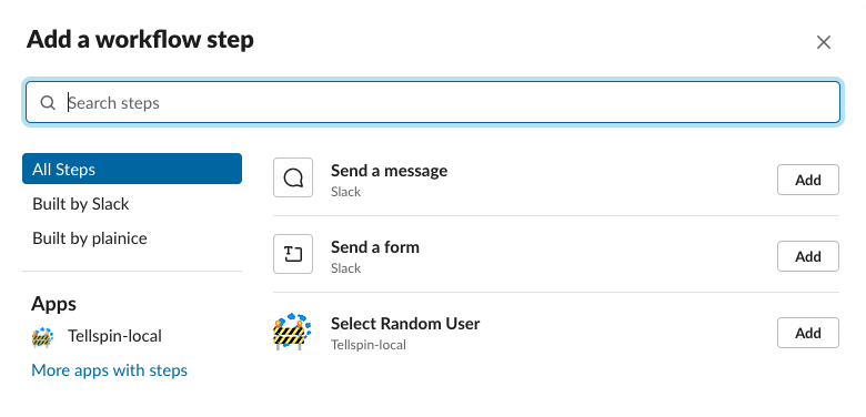 Slack workflow add step dialog
