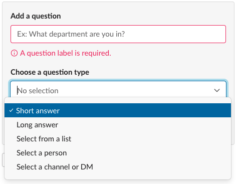 Options for add a question button