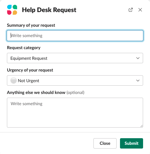 Slack workflow helpdesk request action