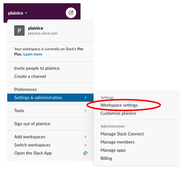 Opening Slack Workspace Settings