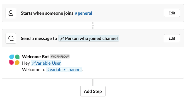 Welcome slack members workflow steps